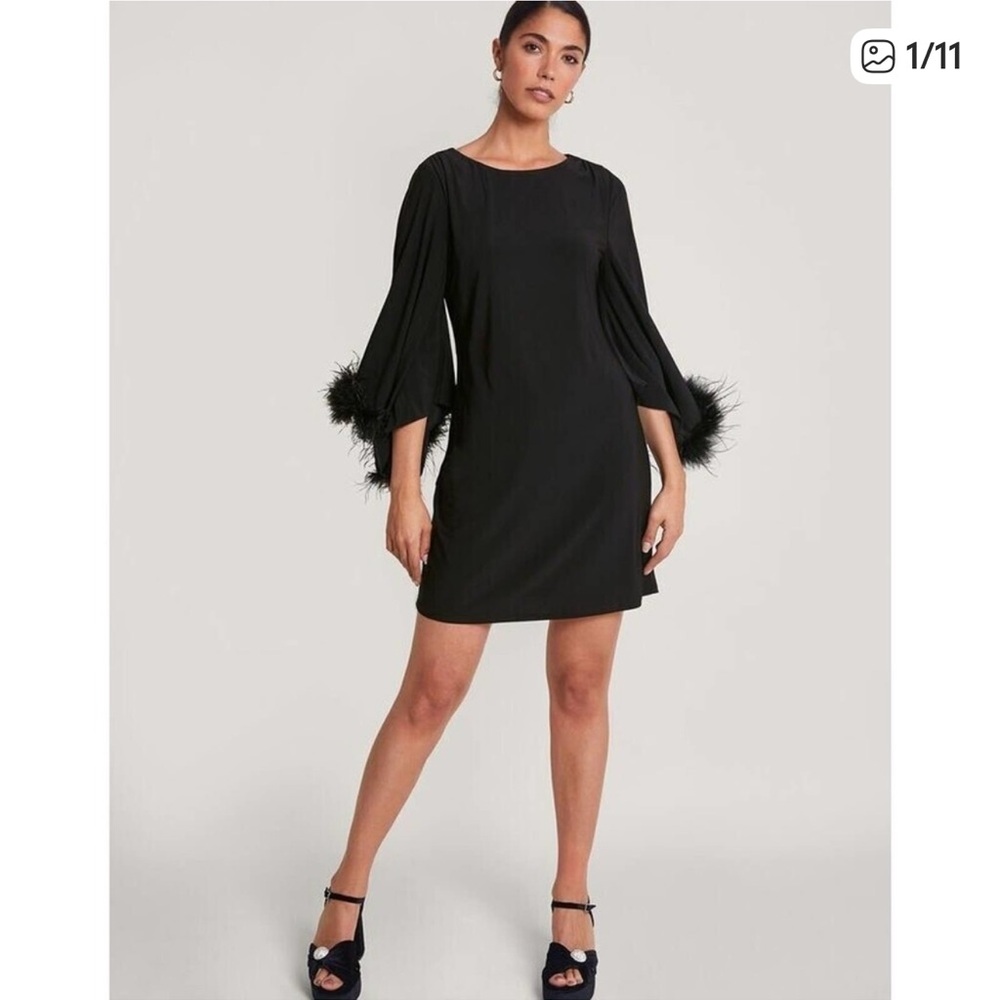 Eliza J Long Sleeves Feather Cuffs Sheath Lie Back Cocktail Mini Black Dress, 16